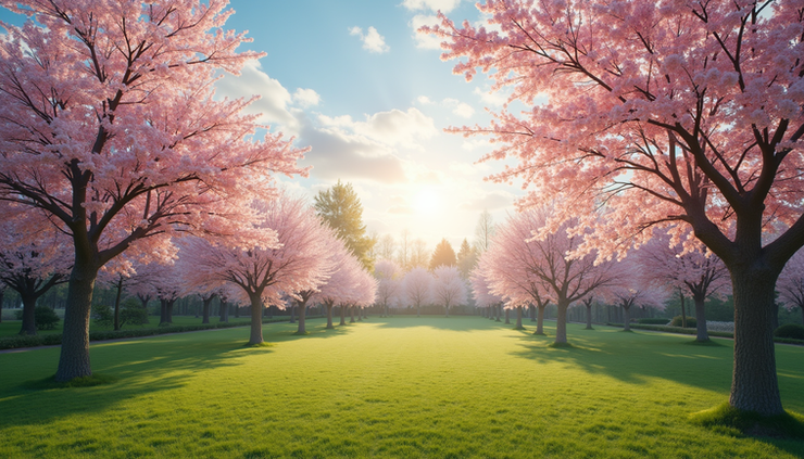 High angle view of a park with blooming trees under a mostly sunny sky
