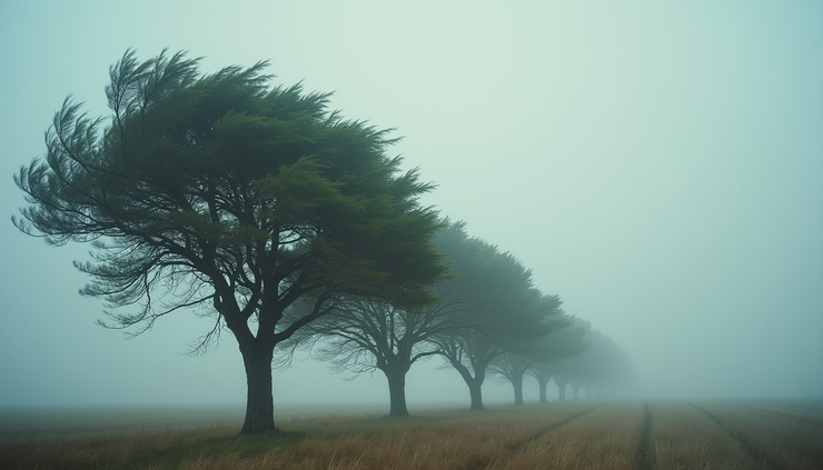 Eye-level view of a cloudy sky with gusty winds bending tree branches