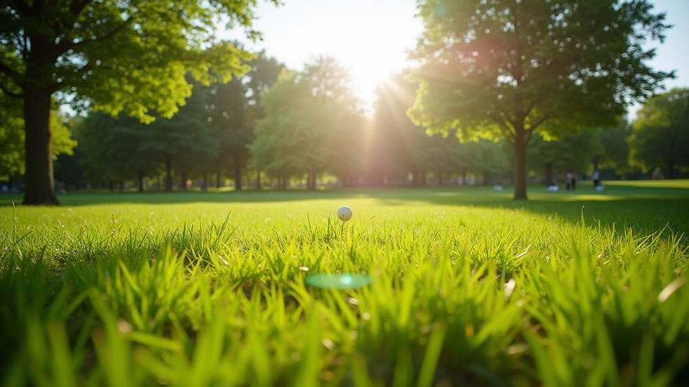 Wide angle view of a sunny park with green grass and trees