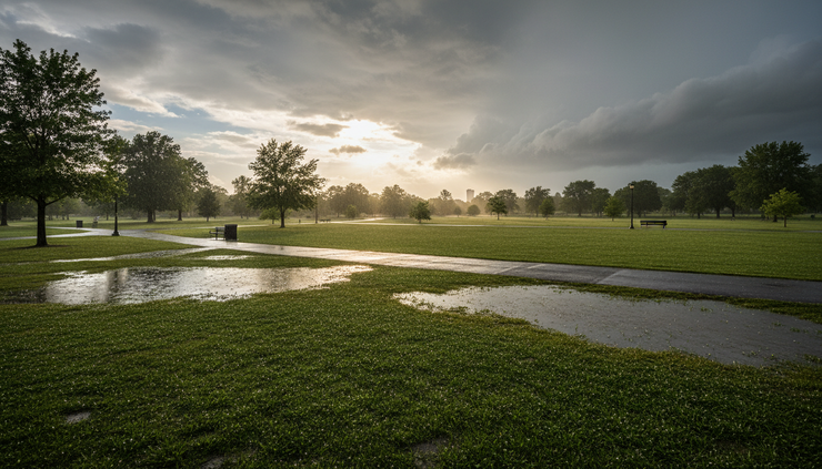 Wide-angle view of sunlight breaking through clouds over a green park after rain.