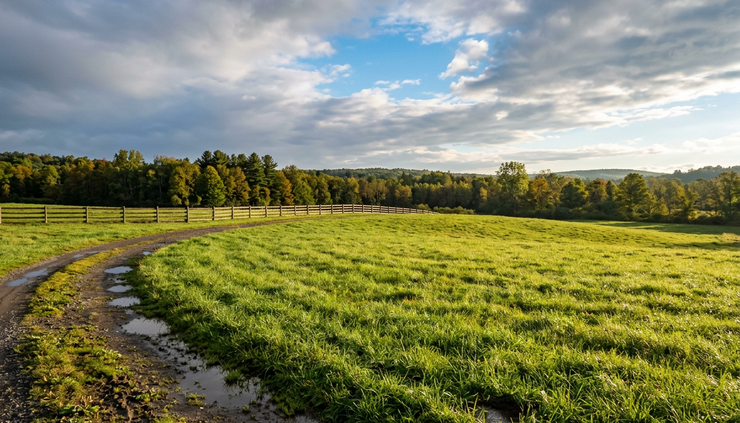 Eye-level view of sunlight breaking across a grassy field after overnight rain.
