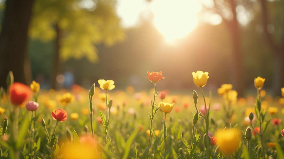Eye-level view of a sunny park filled with blooming flowers