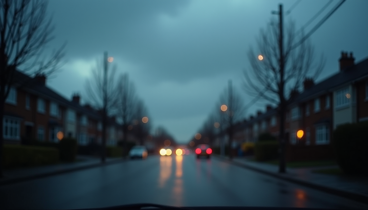 Eye-level view of cloudy sky with light rain falling over a quiet suburban street