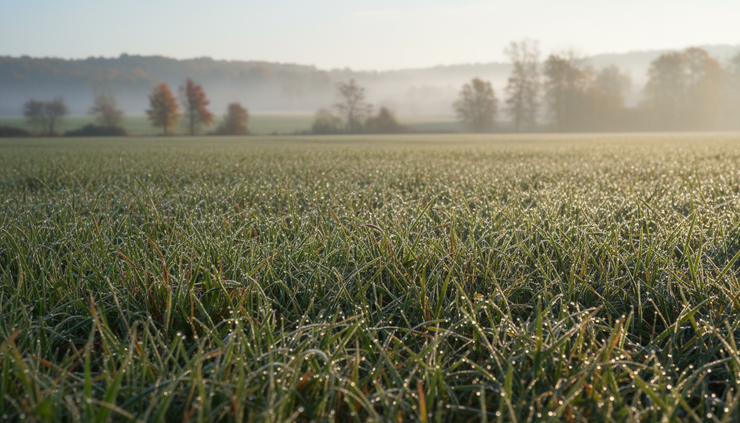 Close-up view of dew on grass beside a quiet field.