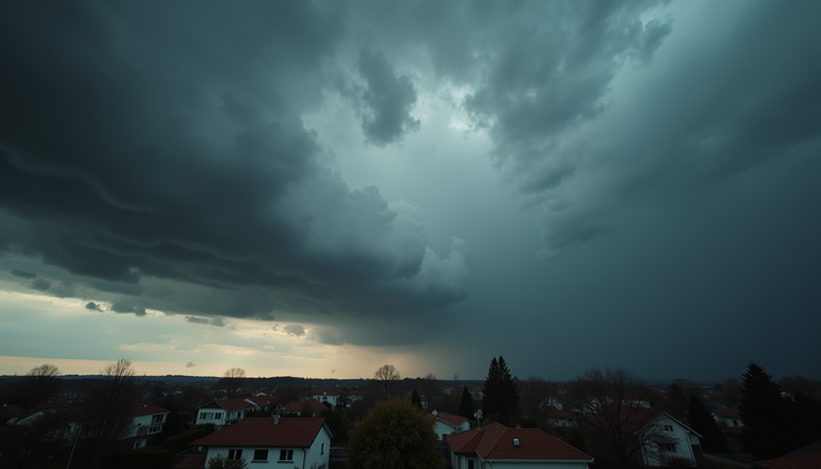 High angle view of dark storm clouds gathering over a suburban neighborhood