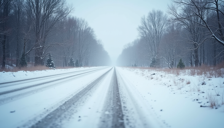 Eye-level view of snow-covered road with blowing snow and bare trees