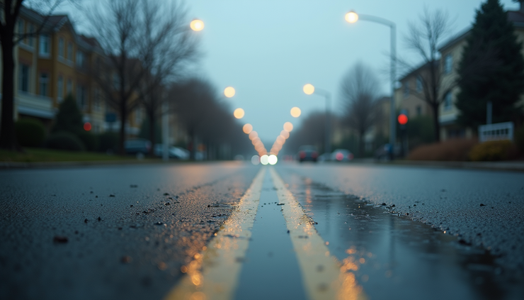 Wide angle view of a wet street with puddles and cloudy sky after morning rain