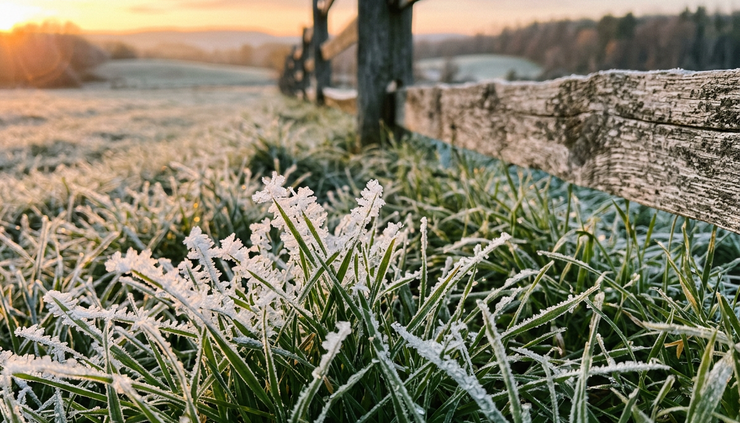 Close-up view of frost on grass beside a country fence at sunrise.