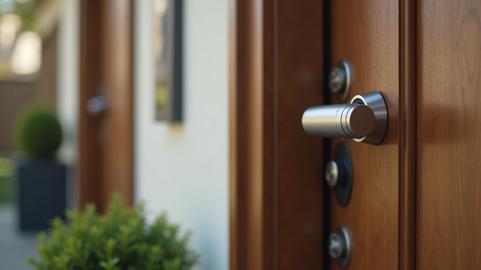 Close-up view of a residential front door with a modern security system