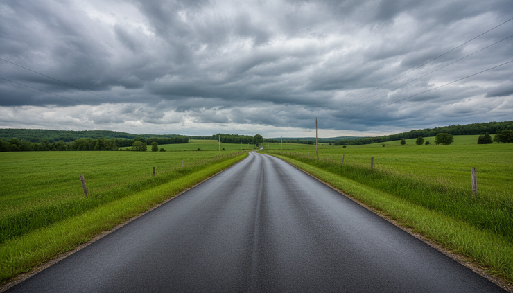 Wide-angle view of a cloudy rural road in central New York before afternoon rain.