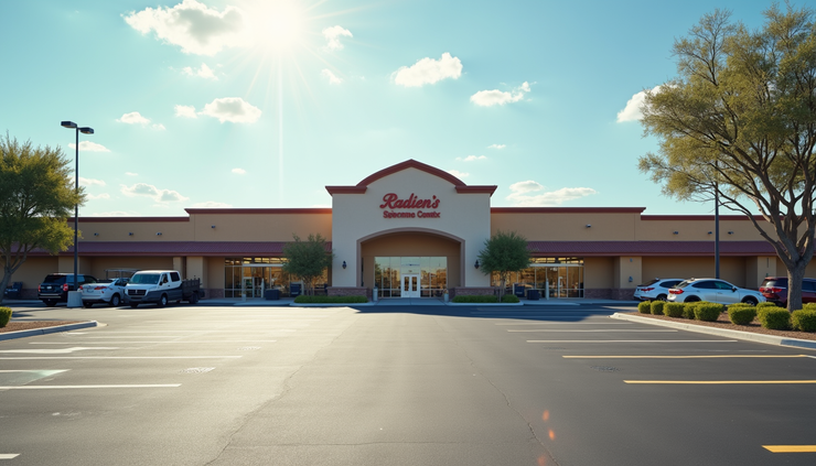 Eye-level view of Glenwood Plaza entrance with parking lot in Oneida New York