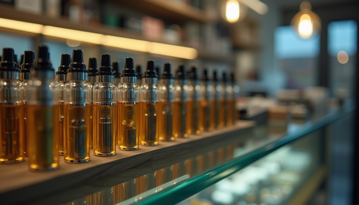 Close-up view of cannabis vape cartridges displayed in a licensed smoke shop