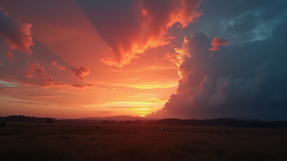 Eye-level view of a colorful sunset juxtaposed with darkening clouds