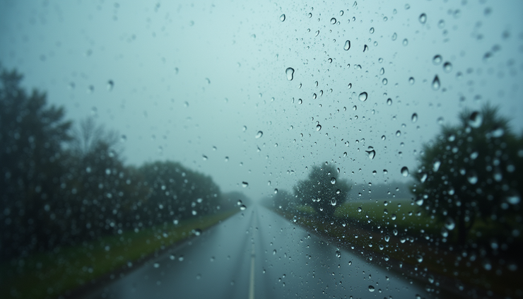 Close-up view of raindrops on a window with a cloudy sky outside