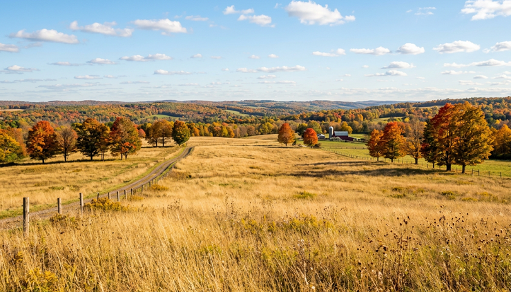 Wide-angle view of a sunny autumn field in Central New York with blue sky and scattered trees