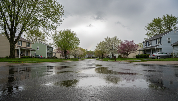 Eye-level view of a quiet neighborhood street with wet pavement and spring trees under broken clouds.