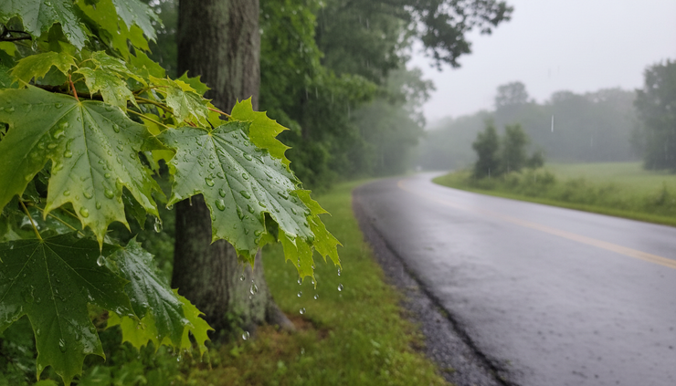 Eye-level view of raindrops collecting on maple leaves beside a quiet road.