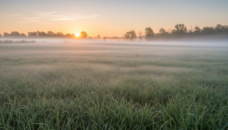 Close-up view of fog hanging over a grassy field at sunrise.