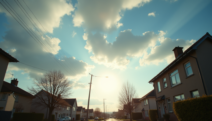 Eye-level view of a partly cloudy sky with sun rays breaking through over a suburban neighborhood