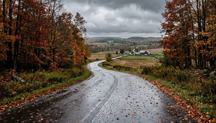 Wide-angle view of a wet rural road under low gray clouds in Central New York