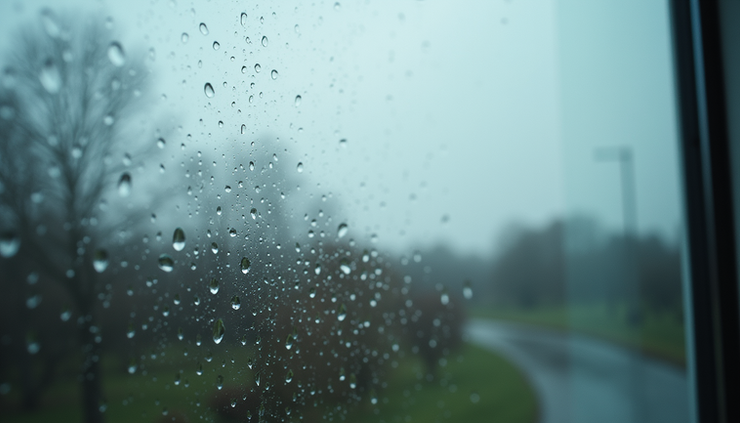 Close-up view of raindrops on a window with cloudy sky outside