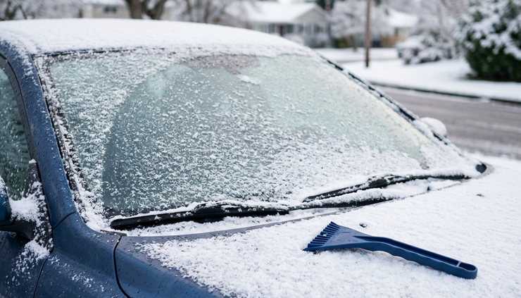 Close-up view of a car windshield with fresh snow and an ice scraper nearby
