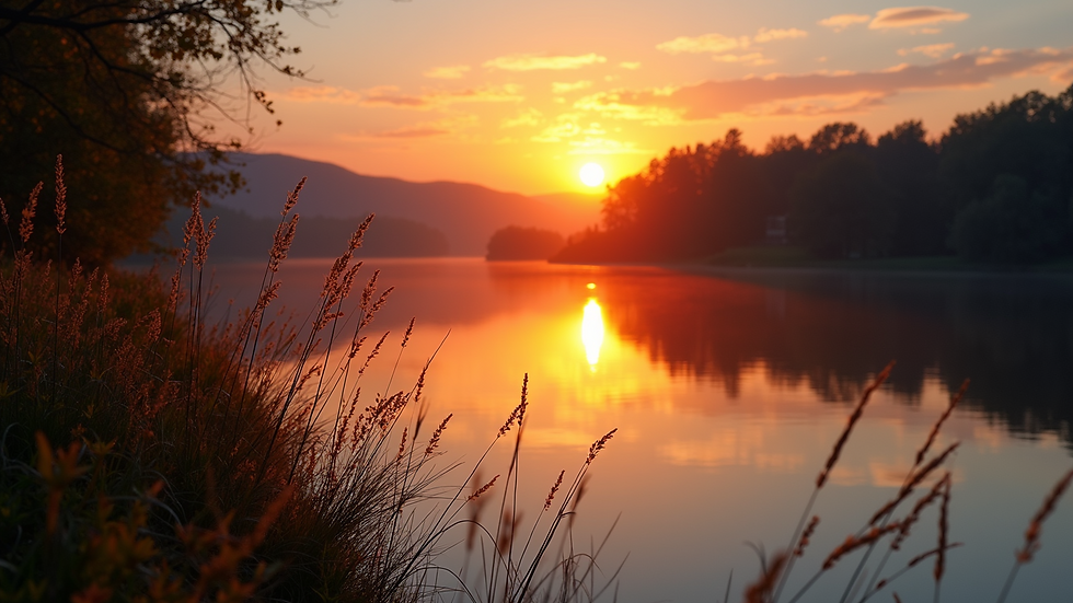 High angle view of a vibrant sun setting over a peaceful lake
