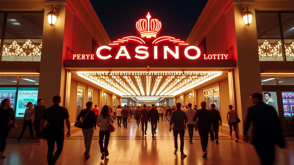 Eye-level view of the exterior of a casino showcasing the lively environment with visitors arriving