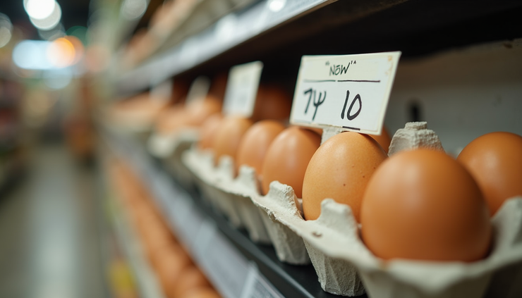 Close-up view of a carton of eggs on a grocery store shelf in Upstate NY