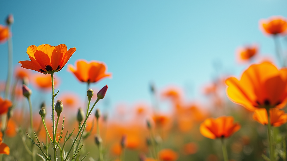 Close-up view of vibrant flowers under clear blue skies