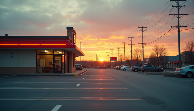 Close-up of empty fast food restaurant parking lot at sunset