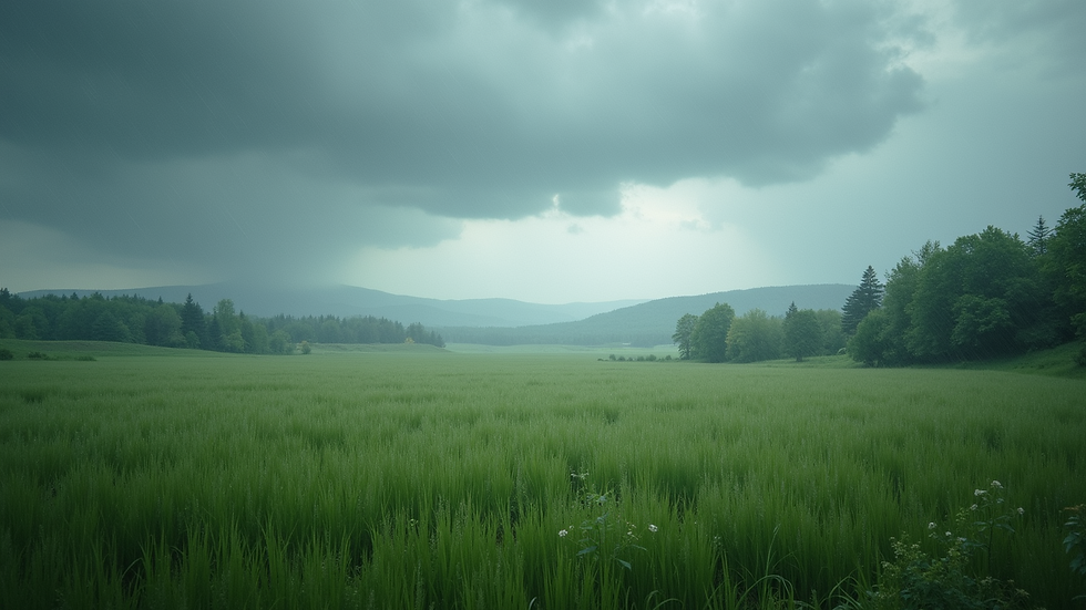 Eye-level view of a serene landscape with rain clouds