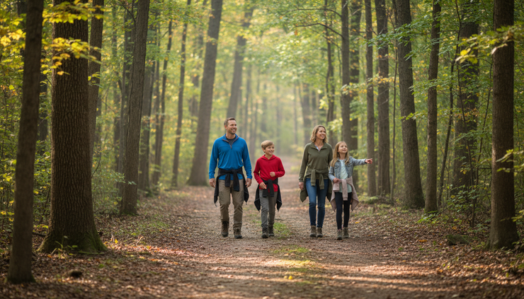 Eye-level view of a family walking on a wooded Central New York trail with dry leaves and filtered sunlight