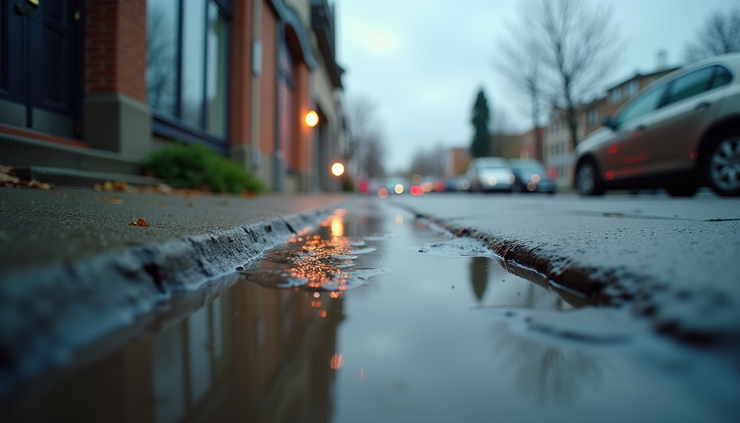 Close-up view of a wet sidewalk with puddles reflecting cloudy sky