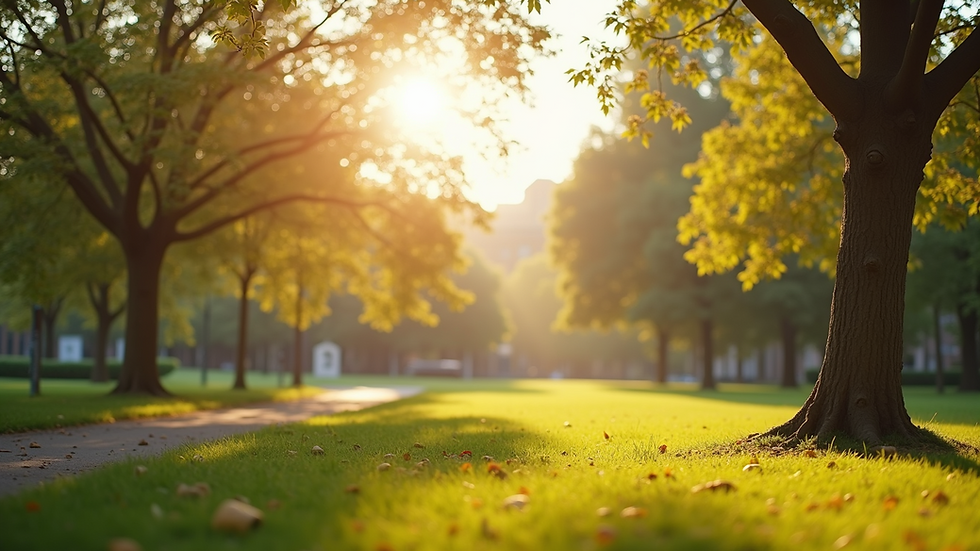 Wide angle view of a bright sunny day in a park