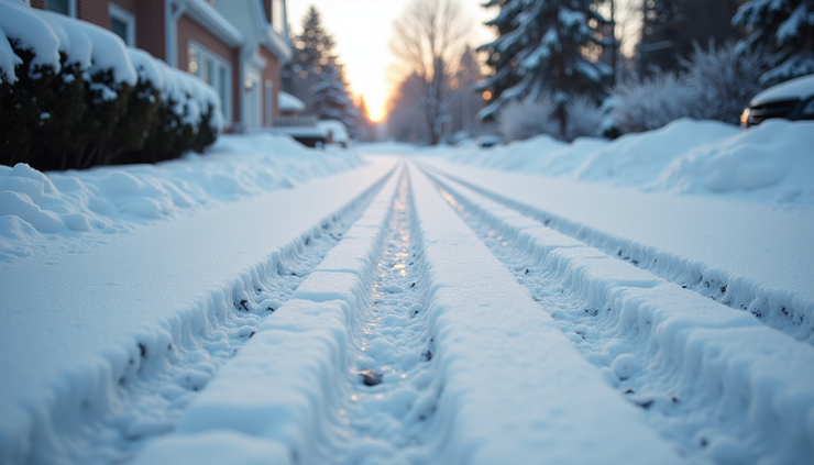 High angle view of snow-covered driveway with tire tracks