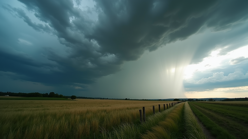 Eye-level view of a distant thunderstorm approaching over a landscape