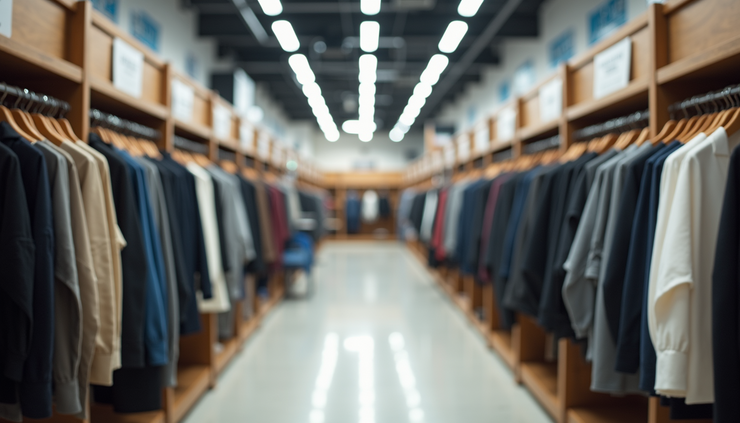 Close-up view of a newly arranged clothing section inside Ames Department Store