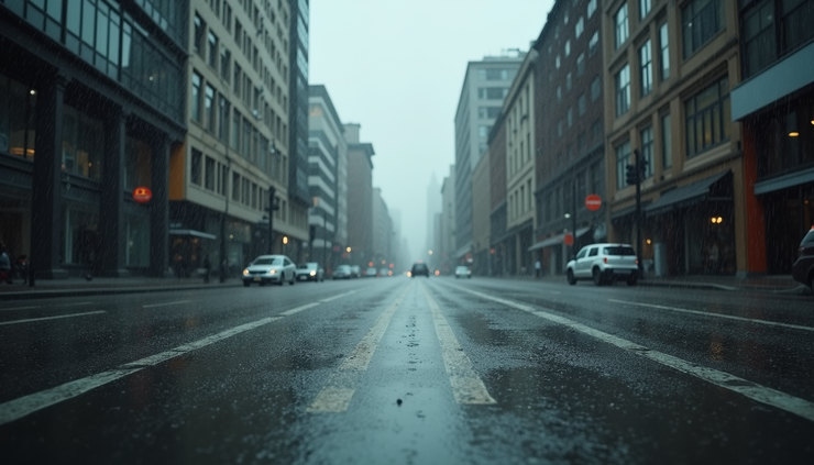 High angle view of rain falling on a wet street with cloudy sky