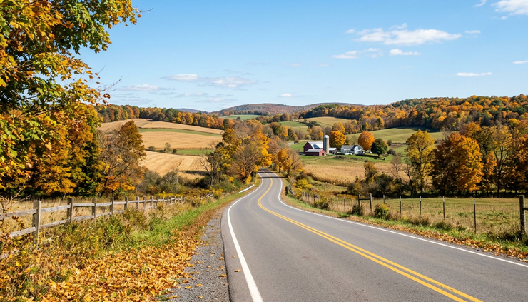 Eye-level view of a quiet country road under sunny autumn skies.