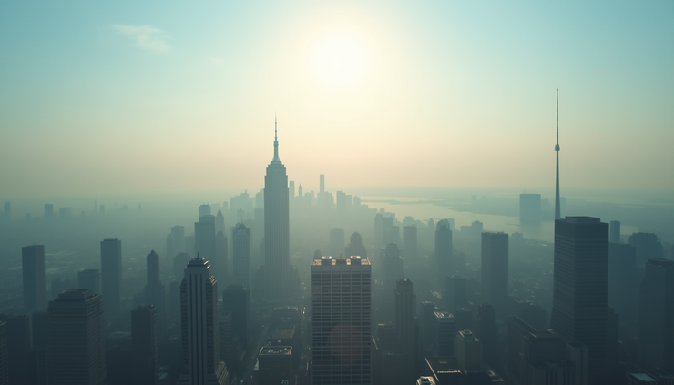 Eye-level view of a hazy city skyline with sunlight filtering through