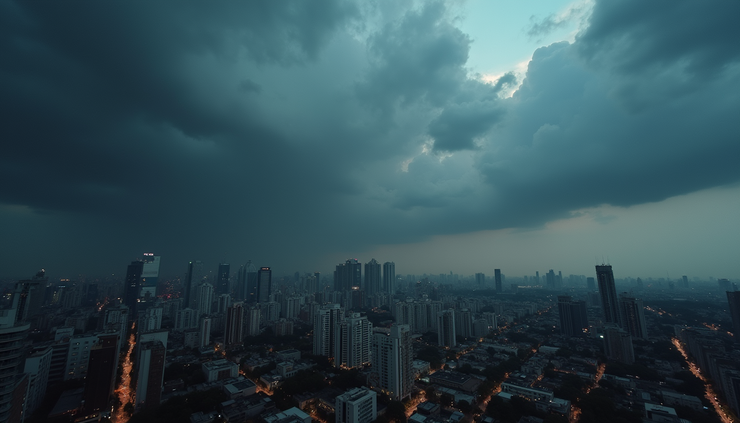 High angle view of dark storm clouds gathering over a city skyline