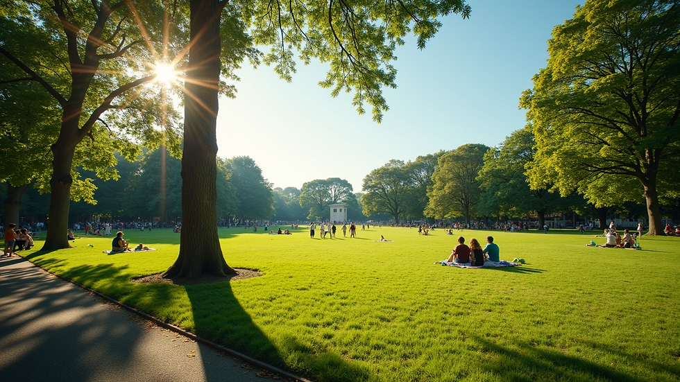 Wide angle view of a sunny park with people enjoying the outdoors