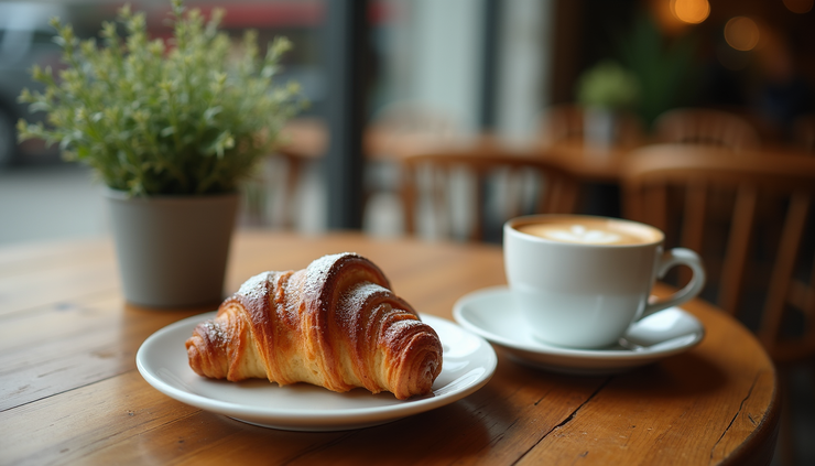High angle view of a wooden table with a coffee cup, pastry, and a small plant