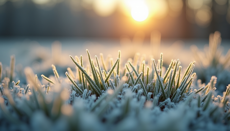 Eye-level view of frost-covered grass in early morning light