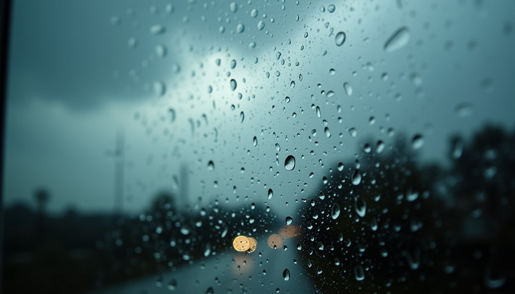 Close-up view of raindrops falling on a window during a thunderstorm in the evening