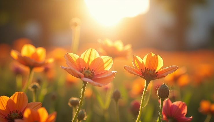 Close-up view of a blooming flower garden under bright sunlight
