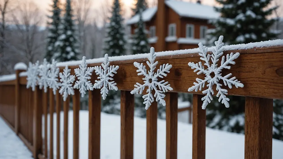 Close-up view of snowflakes settling on a wooden railing