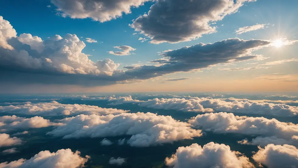 Wide angle view of a cloudy sky over a serene landscape