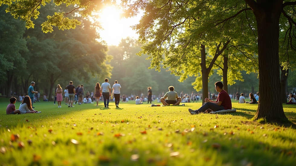 Wide angle view of a sunny park with people enjoying the outdoors